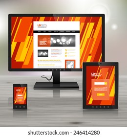 Red application template design for corporate identity with yellow and orange diagonal shapes. Stationery set