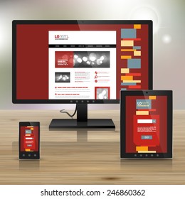 Red application template design for corporate identity with color square elements. Stationery set