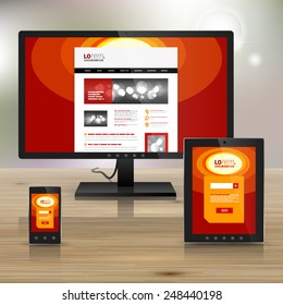 Red application template design for corporate identity with yellow round elements. Stationery set
