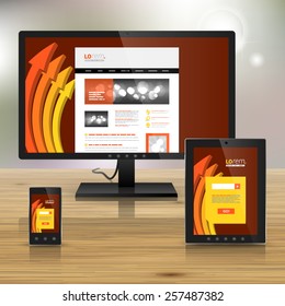 Red application template design for corporate identity with orange arrows. Stationery set