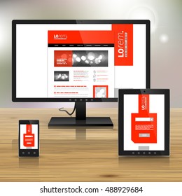 Red application template design for corporate identity with white vertical shape. Stationery set