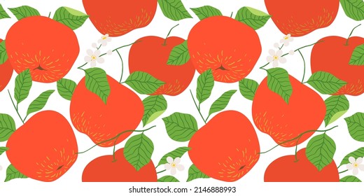 Red appple fruit seamless pattern illustration in modern flat cartoon style. Natural tree branch background with flowers. Autumn season food concept, organic juicy fruits backdrop.