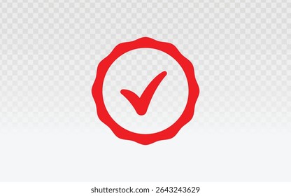 Selo de aprovação vermelho com marca de seleção, perfeito para certificados, crachás verificados e gráficos de projeto concluídos.