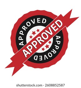 Red Approved Stamp Vector  Bold Typography with Stars, Ribbon, and Official Seal