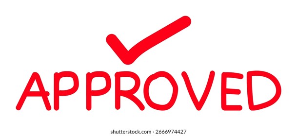 Palavra aprovada vermelha com sinal de confirmação de marca de seleção no plano de fundo branco