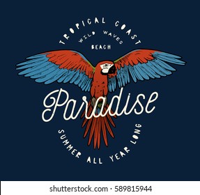 Red Ara Parrot Vintage Paradise Tropical Print