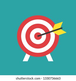 Red archery target with arrow icon  isolated on blue background. Dartboard vector illustration. Aim, goal, focus sign.  Goal achieve concept. 