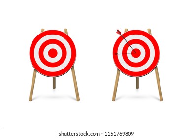 Red archery target stands with arrow. Vector design element.
