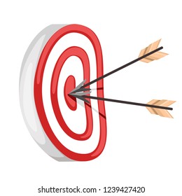 Red archery target with two arrows in the center. Target for archers and crossbowmen. Flat vector illustration isolated on white background.