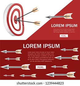 Red archery target with two arrows in the center. Flying arrow. Flat vector illustration on white and red background. Concept for shooting range. Web site and app design.