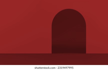 Red archway 3d studio background empty space for advertising product promo premium presentation realistic vector illustration. Arch showroom entrance fashion minimal interior apartment curved gate