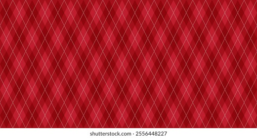 Red argyle design seamless vector pattern. Interlocking diamond rhombus shapes with subtle red tones and dotted white lines, creating a classic and stylish texture. Christmas wrapping paper print.
