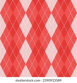 Red argyle pattern with stripe inside. Argyle vector pattern. Argyle pattern. Seamless geometric pattern for clothing, wrapping paper, backdrop, background, gift card, sweater.