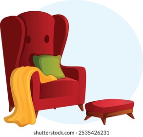 Red Armchair with Green Pillow Yellow Blanket and Foot Stool. Interior Furniture Graphic 