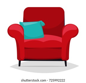 Red armchair and pillow. Vector illustration isolated on white background.