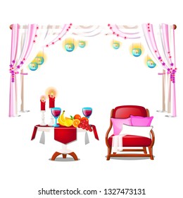 Red armchair with pillows, wooden table with fresh ripe fruit, burning candles and red wine isolated on white background. Vector cartoon close-up illustration.