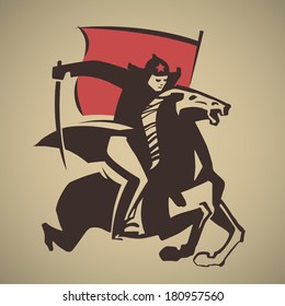 Red Army Man With Saber And Flag Galloping On Horse Vector Illustration