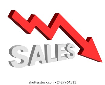Red arrow 3D down shows decreasing sales. Conceptual vector illustration