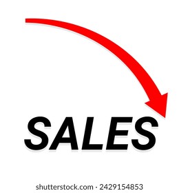 Red arrow 3D down shows decreasing sales. Conceptual vector illustration