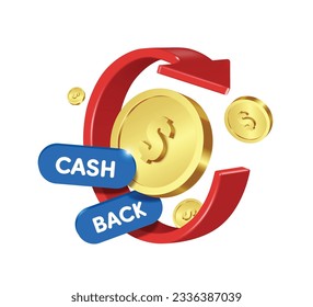 Red arrow 3d swirl around gold coin or dollar currency coin and cash back promotion sign for refund advertising design, vector 3d isolated on white background for cash back promotion design