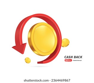 Flecha roja giratoria 3d alrededor de la moneda de oro o moneda de dólar para el diseño de publicidad de reembolsos, vector 3d aislado en fondo blanco para el diseño de promoción de devolución de efectivo