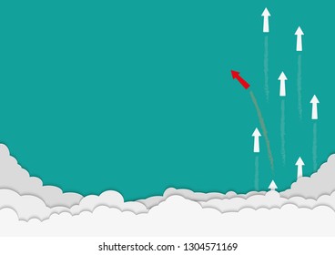 Red arrow above the cloud changing direction and white ones with copy space for text. New idea, change, trend, courage, creative solution, innovation and unique way concept. Illustration vector.