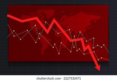 The red arrow above the world map shows the global crisis and inflation. Red screen with financial crisis inflation concept diagram.