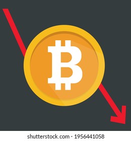 Flecha roja con símbolo Bitcoin en círculo. Ilustración de dinero