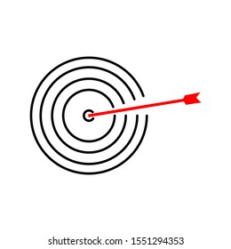 red arrow bow hit on center point of black archery target outline isolated  on white background. achievement, success symbols concept