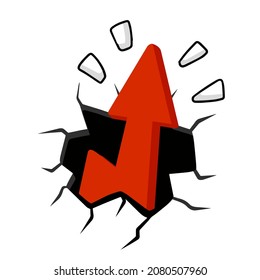 Red arrow break wall. Cracks and fragments of plaster. Cartoon abstract concept of force, power and invasion.