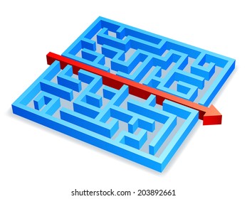 Red arrow breaking through blue maze.