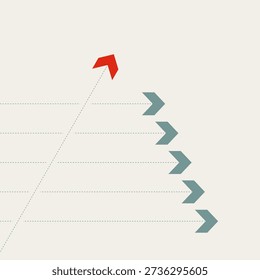 A red arrow breaks away from the blue group in this minimal illustration. It is a vector concept and symbol for a business leader choosing a unique path through creative leadership.