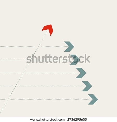 A red arrow breaks away from the blue group in this minimal illustration. It is a vector concept and symbol for a business leader choosing a unique path through creative leadership.