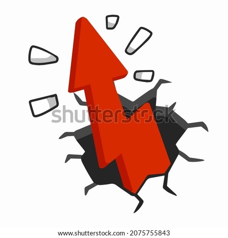 Red arrow breaks brick wall. Cracks and fragments of plaster. Cartoon abstract concept of force, power and invasion.