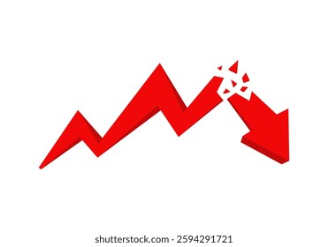 Red arrow with a broken line indicating a sharp decline, showing a financial downturn.