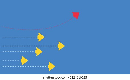 Red arrow changing direction and yellow arrows moving in the same direction. concept of new idea, change, trend, courage, creative solution, innovation.