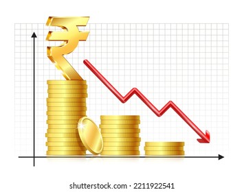 Red Arrow Chart Falls Down Chart And Symbol Of Rupee Currency With Stack Of Gold Coins. Infographic, Financial Crisis Concept. Vector Illustration