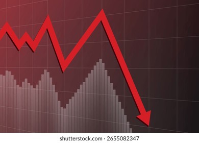 A red arrow chart illustrates an economic recession and financial downturn. The arrow points downward, signifying a decline in the economy. The graph shows a decrease in financial value.