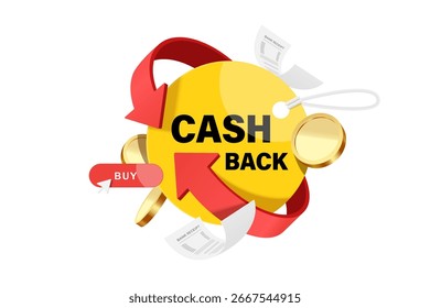La flecha roja rodea el letrero circular amarillo de la promoción o la etiqueta con las palabras Cash Back Promotion y las monedas de oro y el papel del Comprobante que flota en el aire alrededor de él, ilustración 3d del Vector aislada 