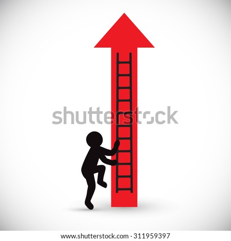Red arrow and climbing figure man. Concept of business rise or scheme.  Isolated on white background.