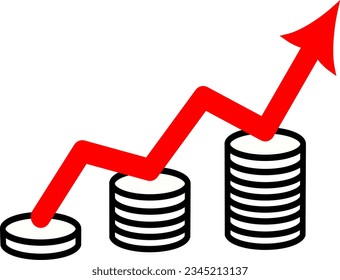 La flecha roja y la moneda se apilan sobre fondo blanco. El éxito financiero y el concepto de crecimiento. Diseño vectorial sustituible