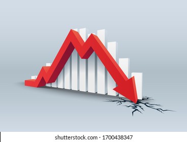 Roter Pfeil stürzt durch den Boden, Fallende Balken, Vektorillustration Illustration.