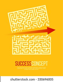 Red Arrow Crashes Through the Walls of a Maze to Freedom.  Business Solution / Success Concept. Vector Illustration.