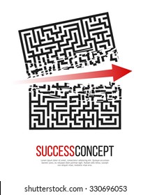 Red Arrow Crashes Through the Walls of a Maze to Freedom.  Business Solution / Success Concept. Vector Illustration.