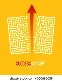 Red Arrow Crashes Through the Walls of a Maze to Freedom.  Business Solution / Success Concept. Vector Illustration.
