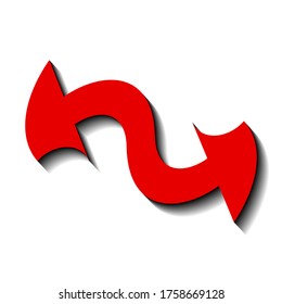 Red arrow in different directions on a white background and black shadow, sign for design, vector illustration
