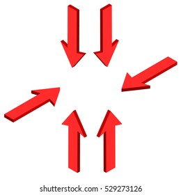 The red arrow in different directions. Pointing in the center. Vector isometric