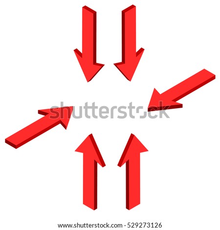 The red arrow in different directions. Pointing in the center. Vector isometric