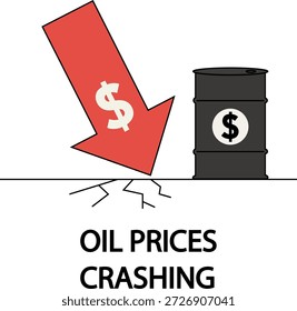 Red arrow with dollar sign pointing down towards cracked ground next to oil barrel