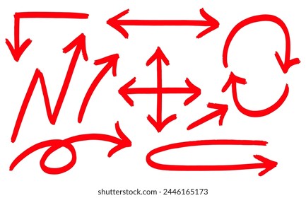 Red arrow doodle hand drawn set. Vector illustration